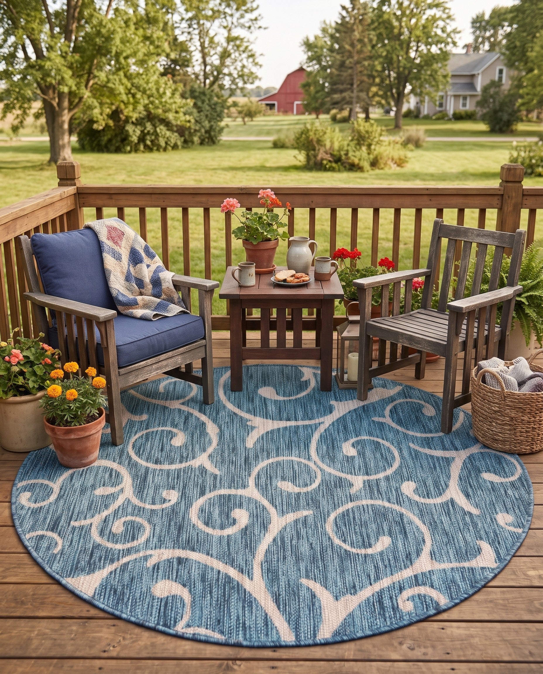 Teal Easy-Clean Botanical Indoor / Outdoor Round Rug