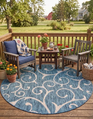 Teal Easy-Clean Botanical Indoor / Outdoor Round Rug