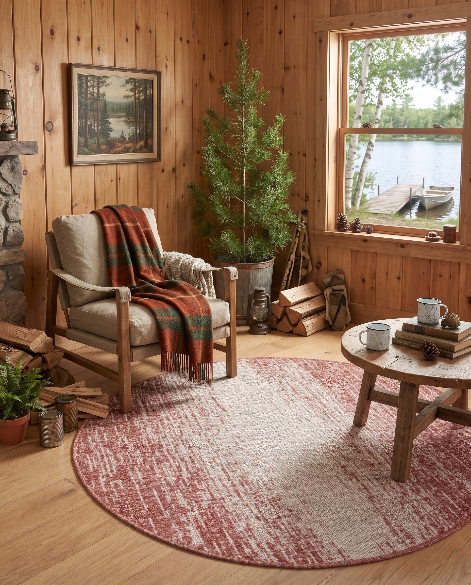 Rust Red Easy-Clean Modern Indoor / Outdoor Round Rug