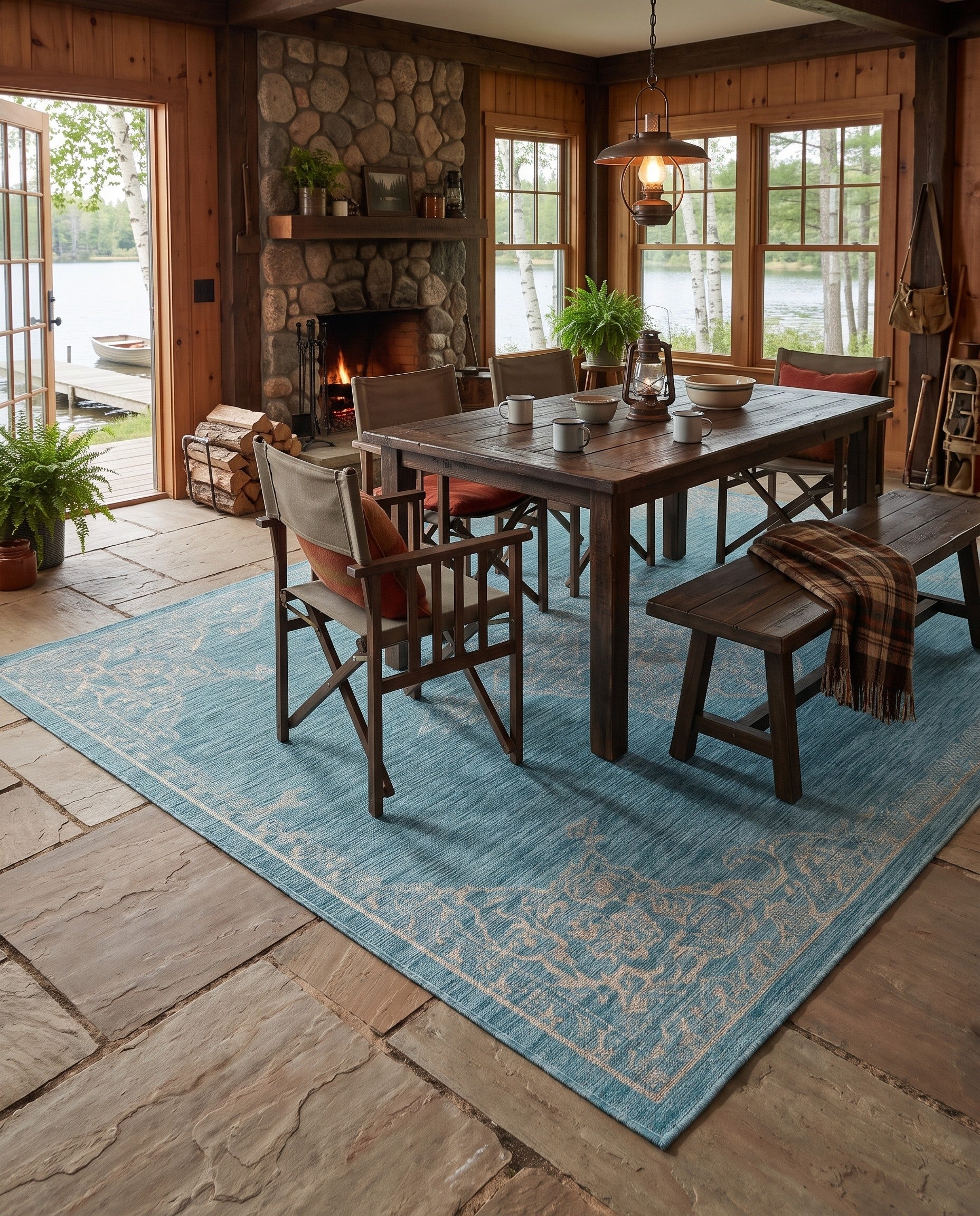 Light Aqua Easy-Clean Traditional Indoor / Outdoor Rug