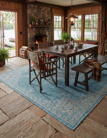 Light Aqua Easy-Clean Traditional Indoor / Outdoor Rug