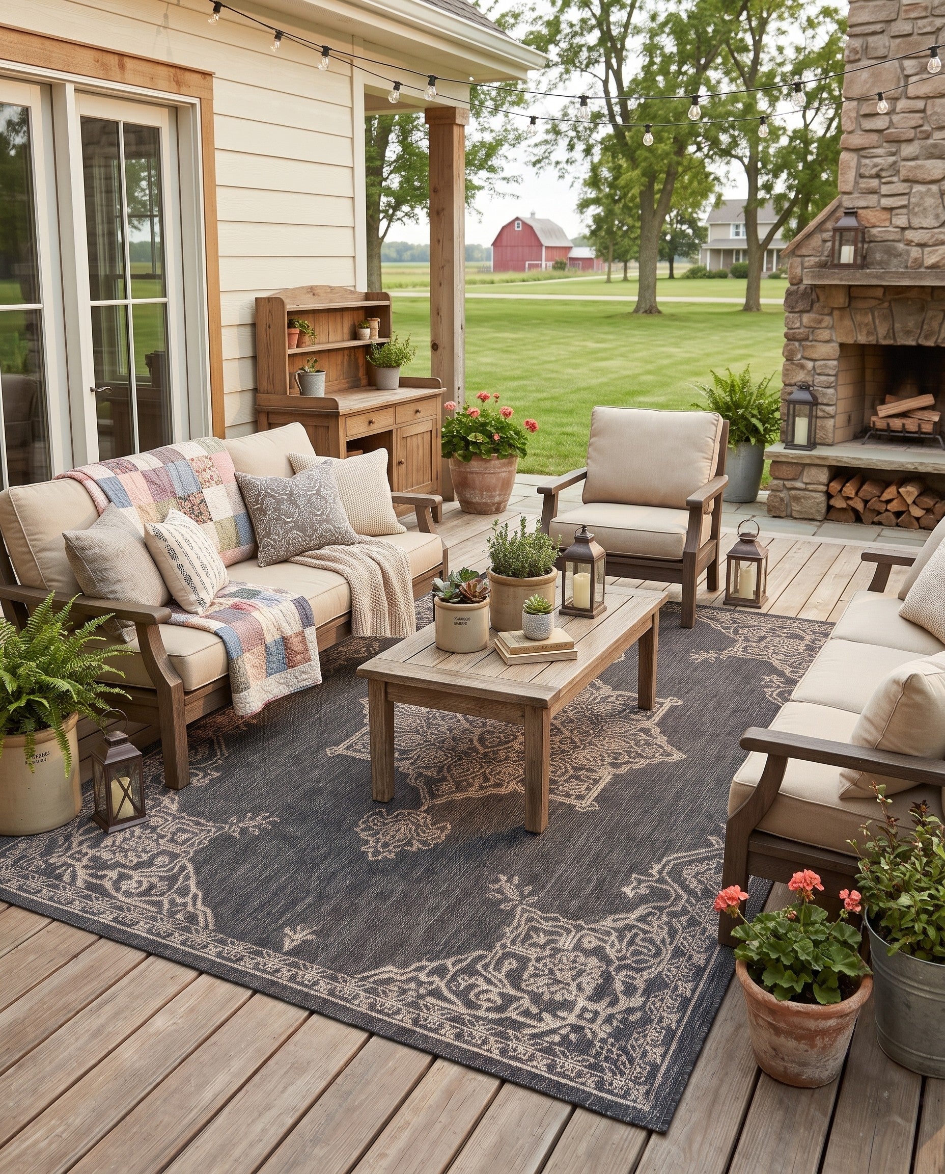 Charcoal Gray Easy-Clean Traditional Indoor / Outdoor Rug