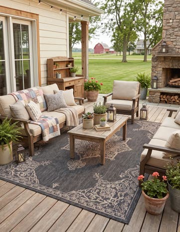 Charcoal Gray Easy-Clean Traditional Indoor / Outdoor Rug