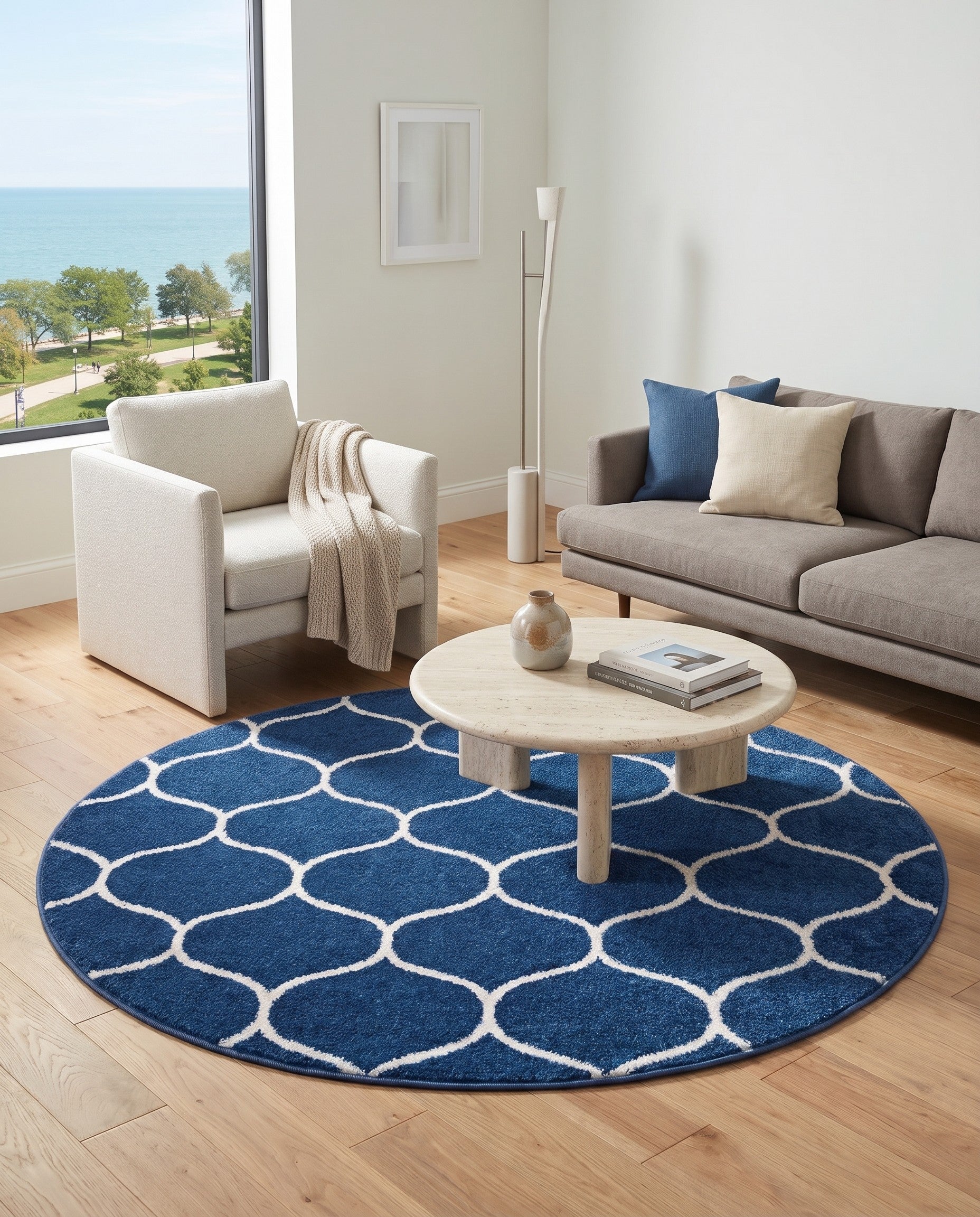 Navy Blue Lattice Frieze Round Rug