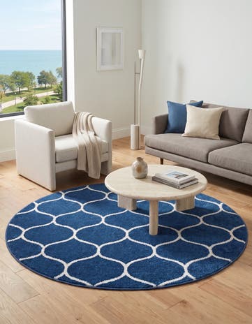 Navy Blue Lattice Frieze Round Rug