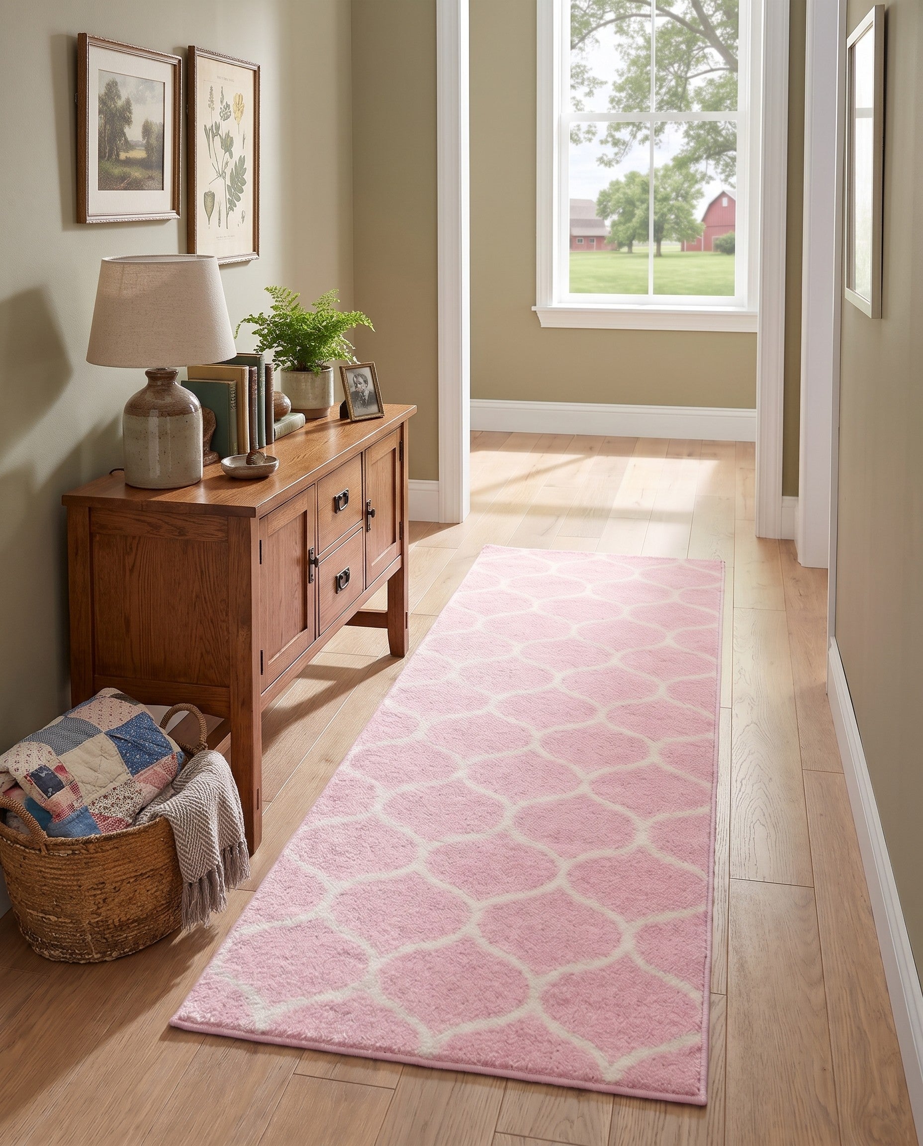 Light Pink Lattice Frieze Runner Rug