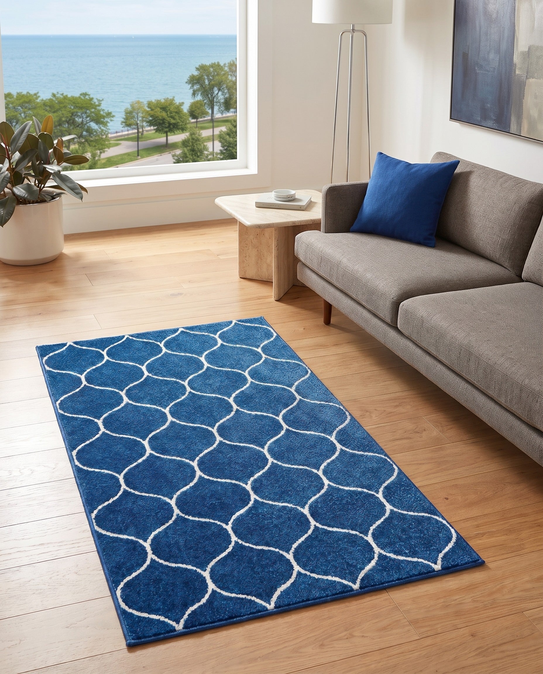 Navy Blue Lattice Frieze Rug