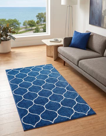 Navy Blue Lattice Frieze Rug