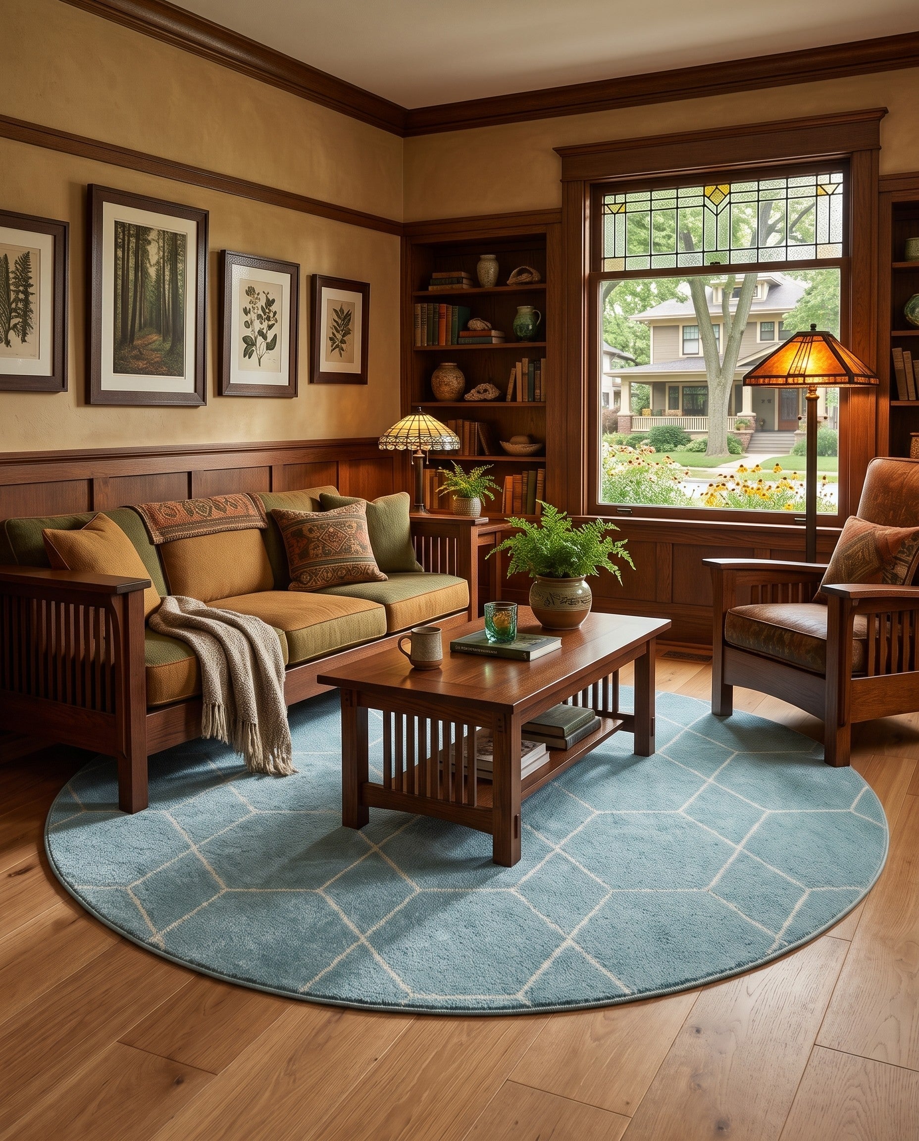 Light Blue Lattice Frieze Round Rug