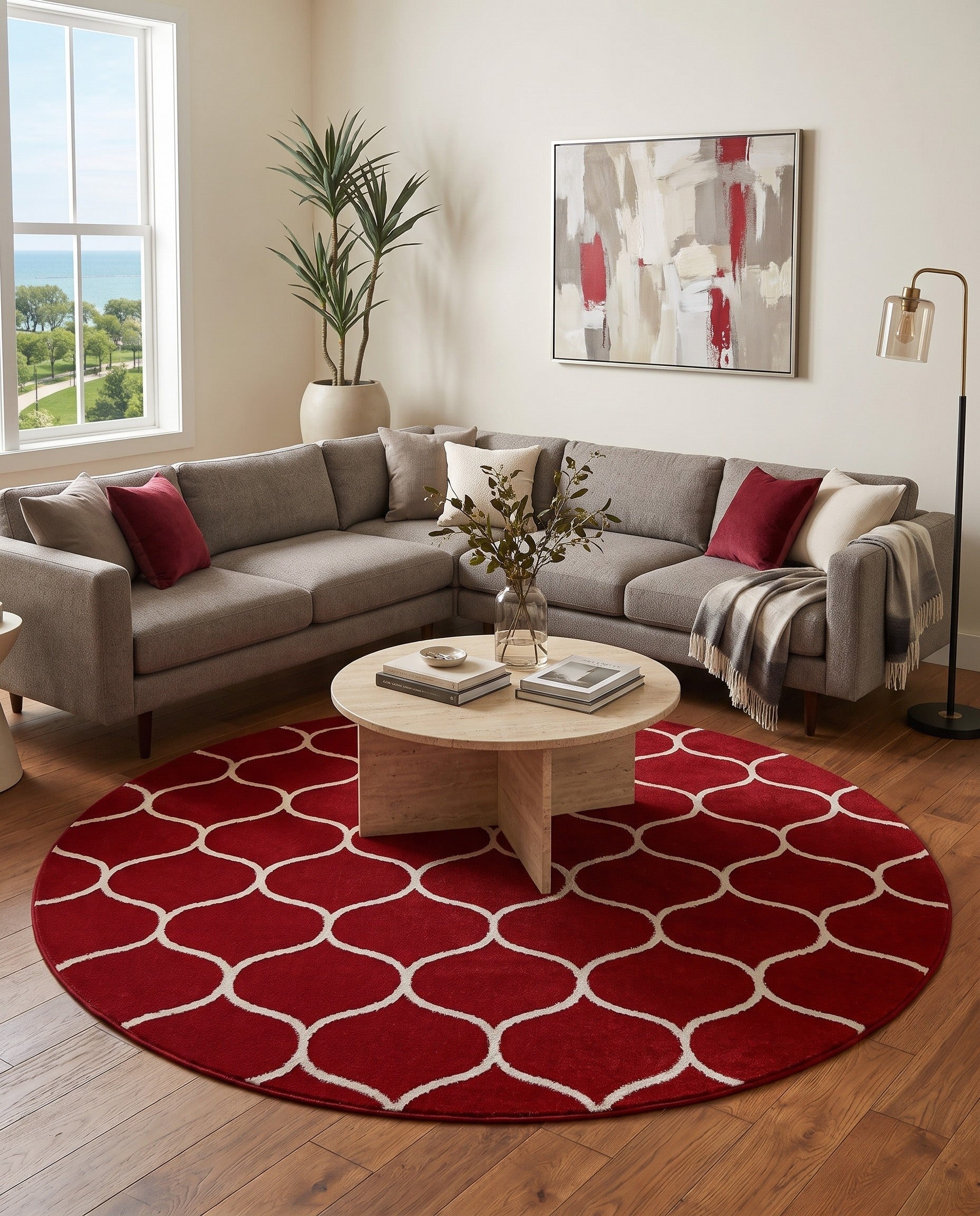 Red Lattice Frieze Round Rug