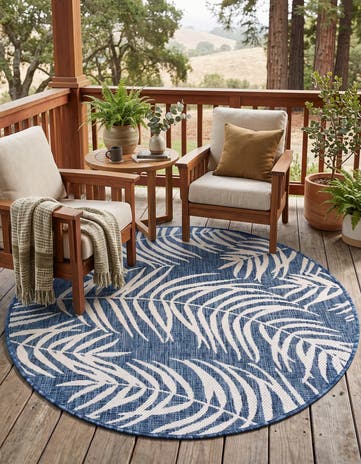 Blue Easy-Clean Botanical Indoor / Outdoor Round Rug