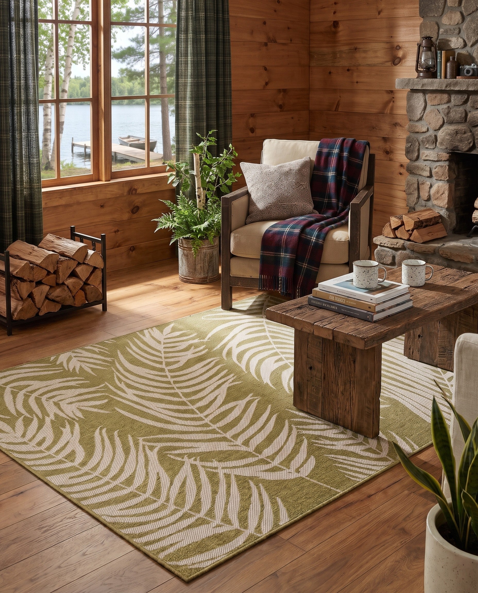 Green Easy-Clean Botanical Indoor / Outdoor Rug