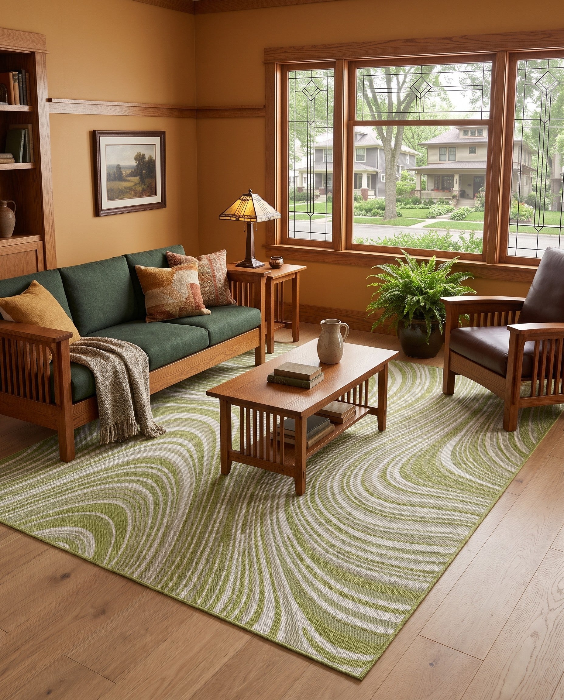 Green Easy-Clean Modern Indoor / Outdoor Rug