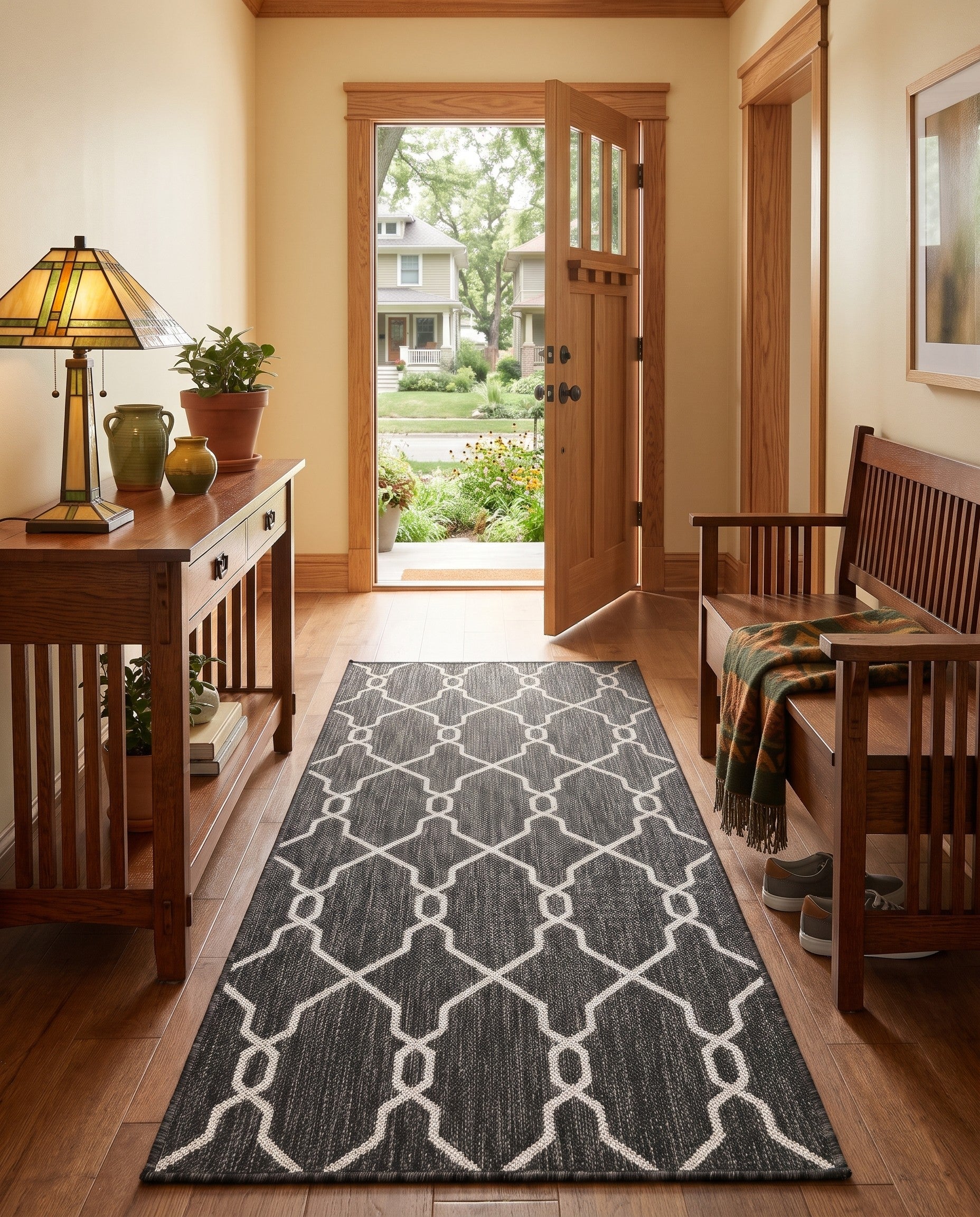Charcoal Gray Easy-Clean Lattice Indoor / Outdoor Runner Rug