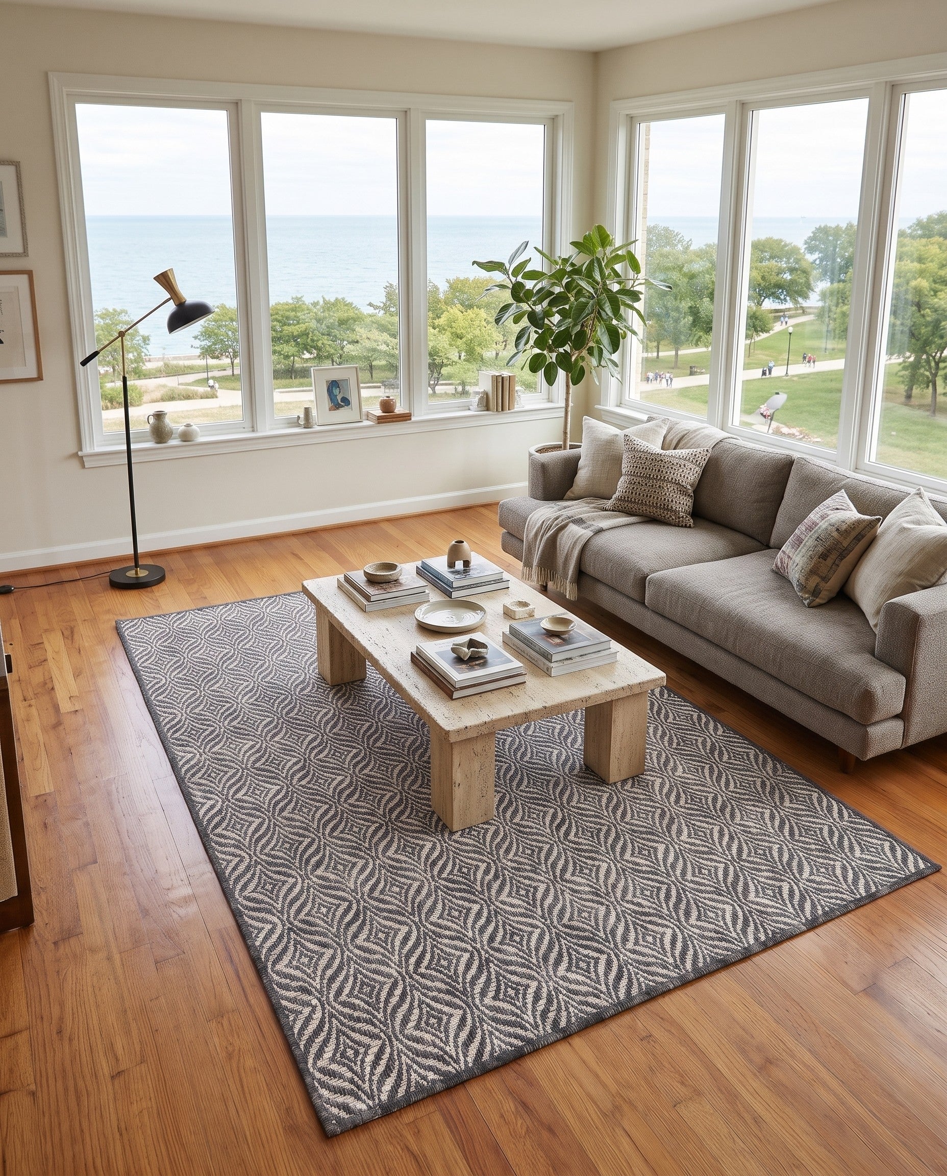 Charcoal Gray Easy-Clean Lattice Indoor / Outdoor Rug