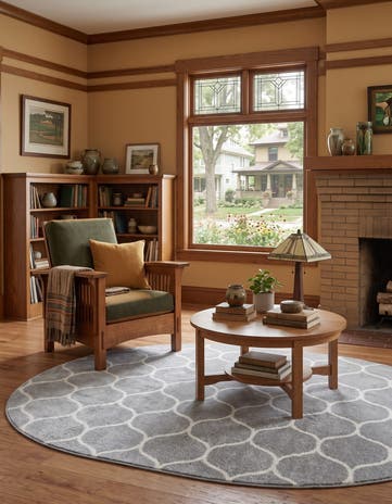 Light Gray Lattice Frieze Oval Rug