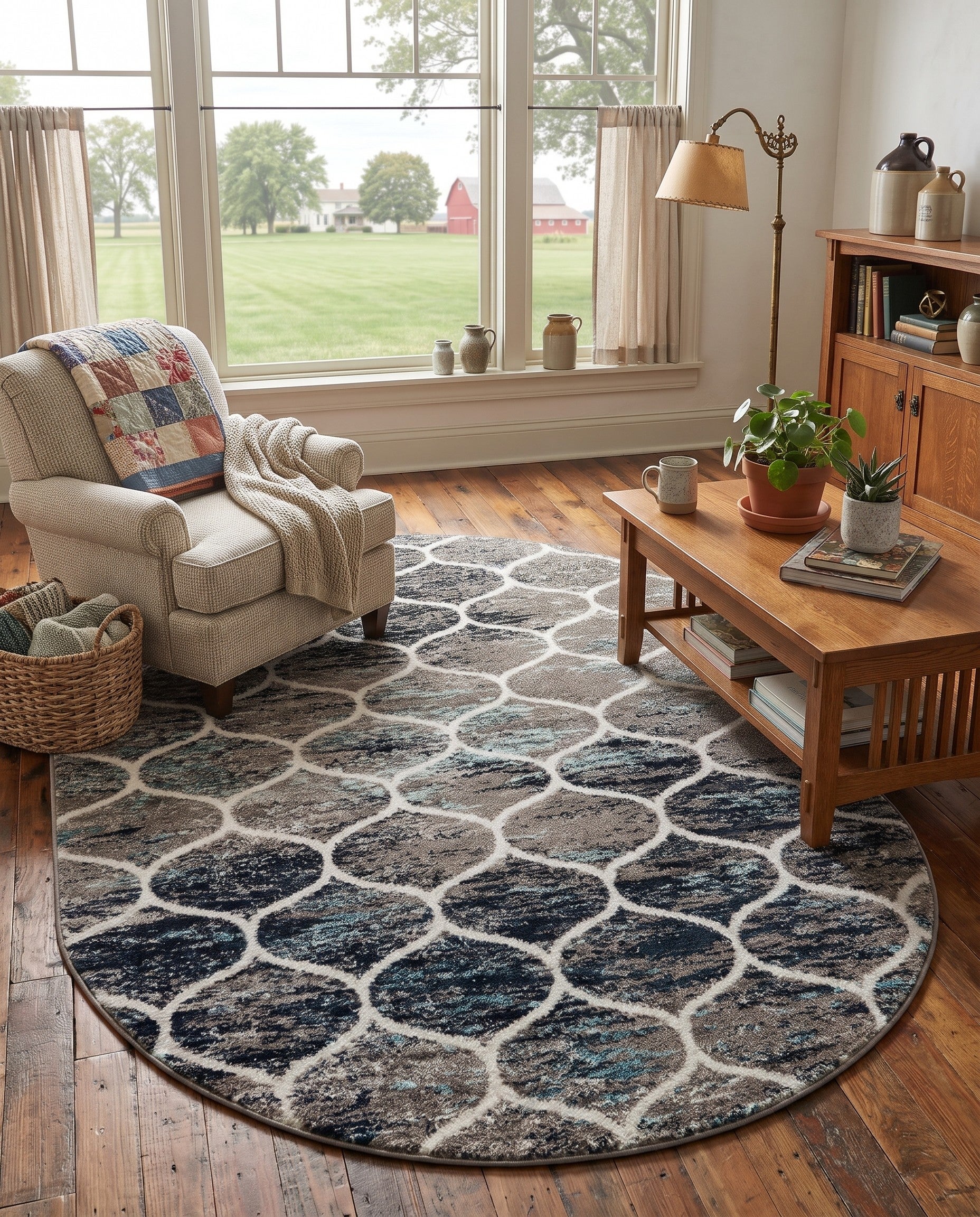 5' 3 x 8' Lattice Frieze Oval Rug