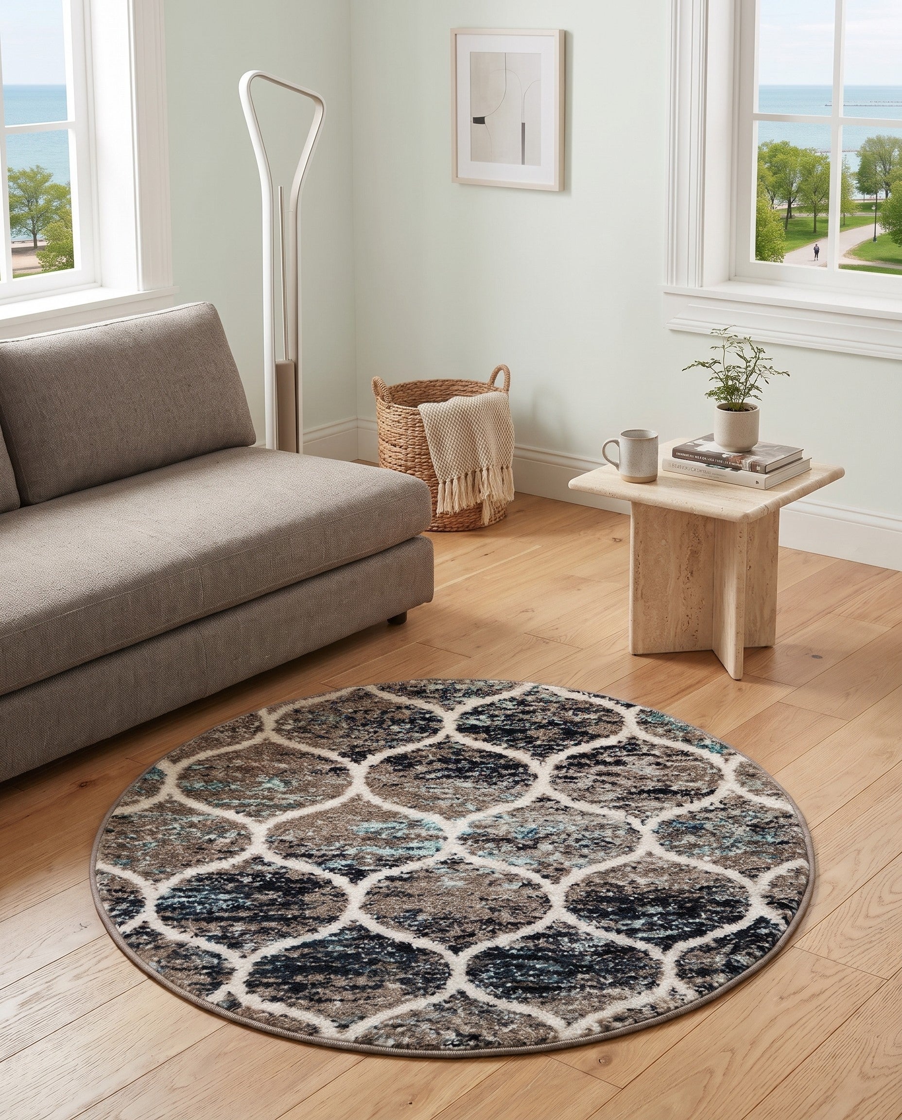 Blue Multi Lattice Frieze Round Rug