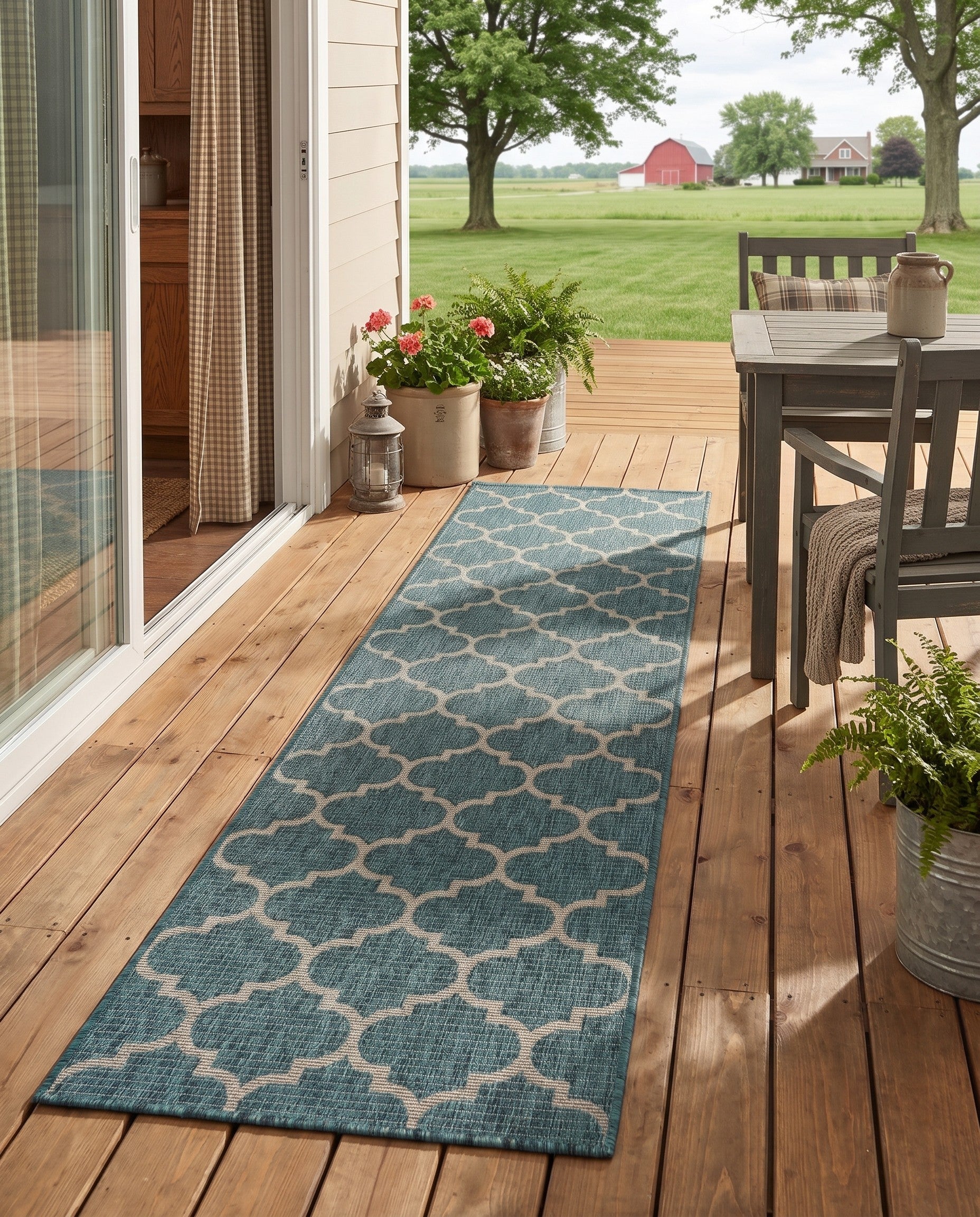 Teal Easy-Clean Lattice Indoor / Outdoor Runner Rug
