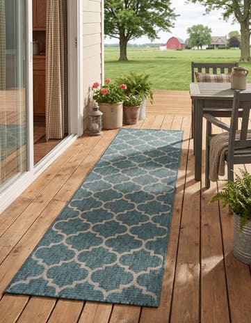 Teal Easy-Clean Lattice Indoor / Outdoor Runner Rug