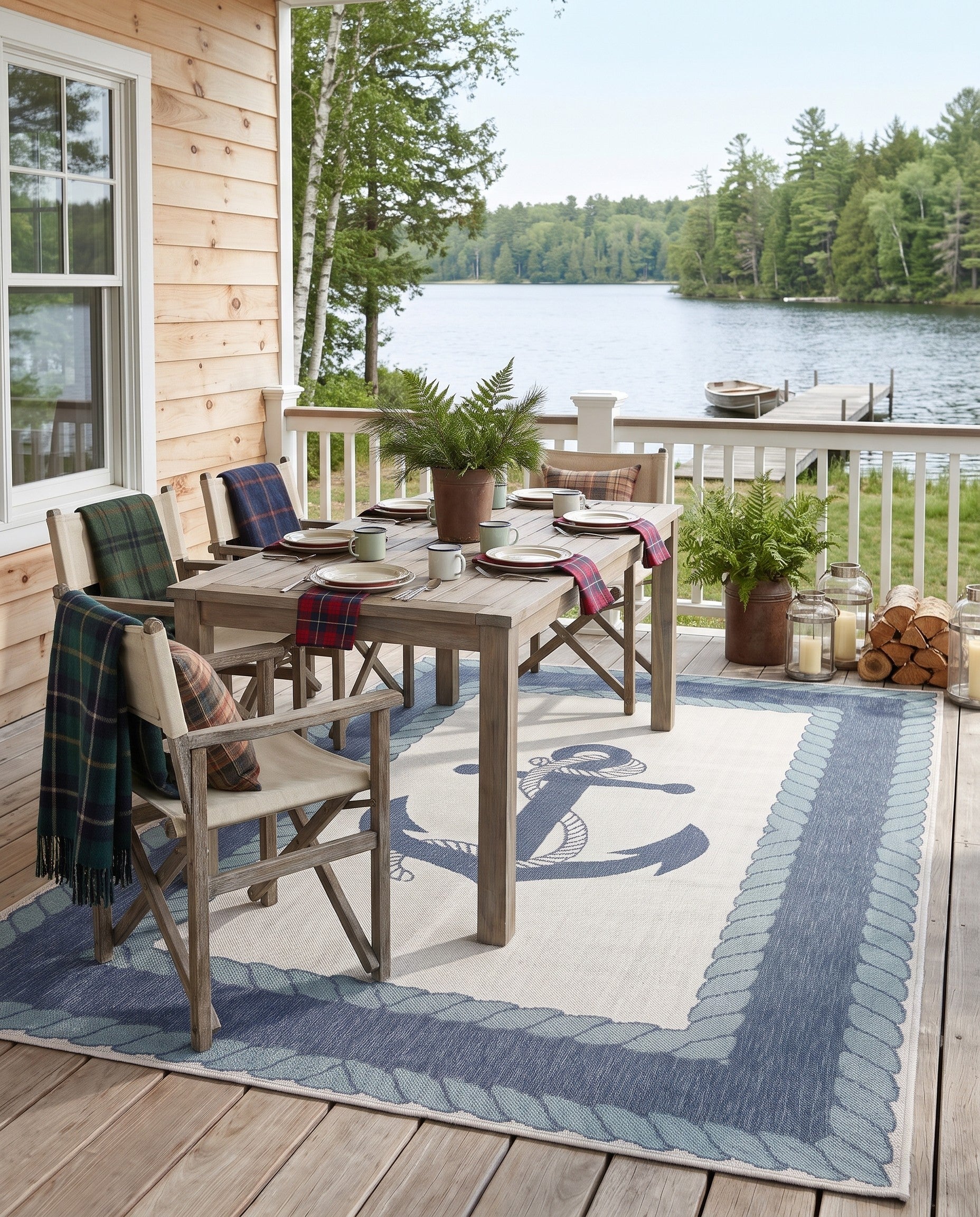 Navy Blue Easy-Clean Coastal Indoor / Outdoor Rug