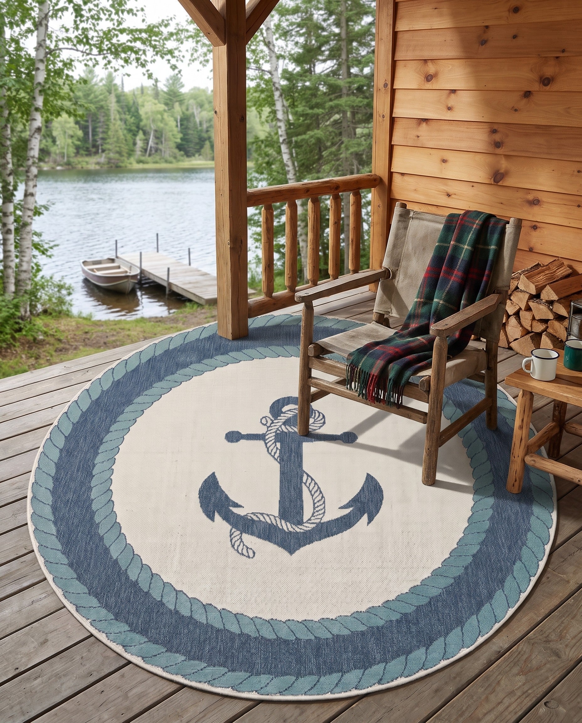 Navy Blue Easy-Clean Coastal Indoor / Outdoor Round Rug