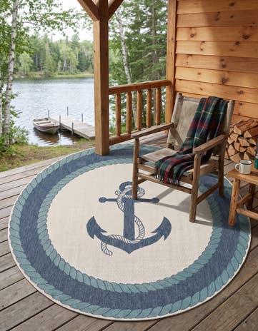 Navy Blue Easy-Clean Coastal Indoor / Outdoor Round Rug