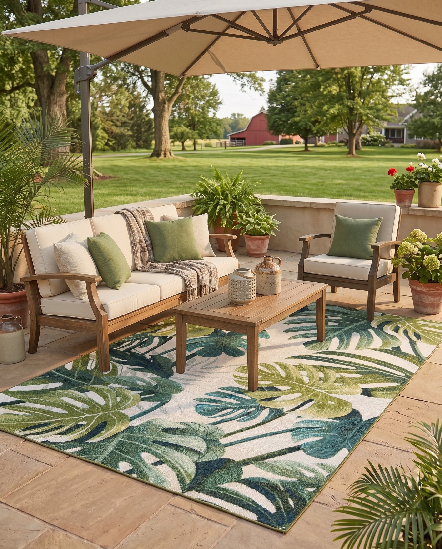 Green Easy-Clean Botanical Indoor / Outdoor Rug