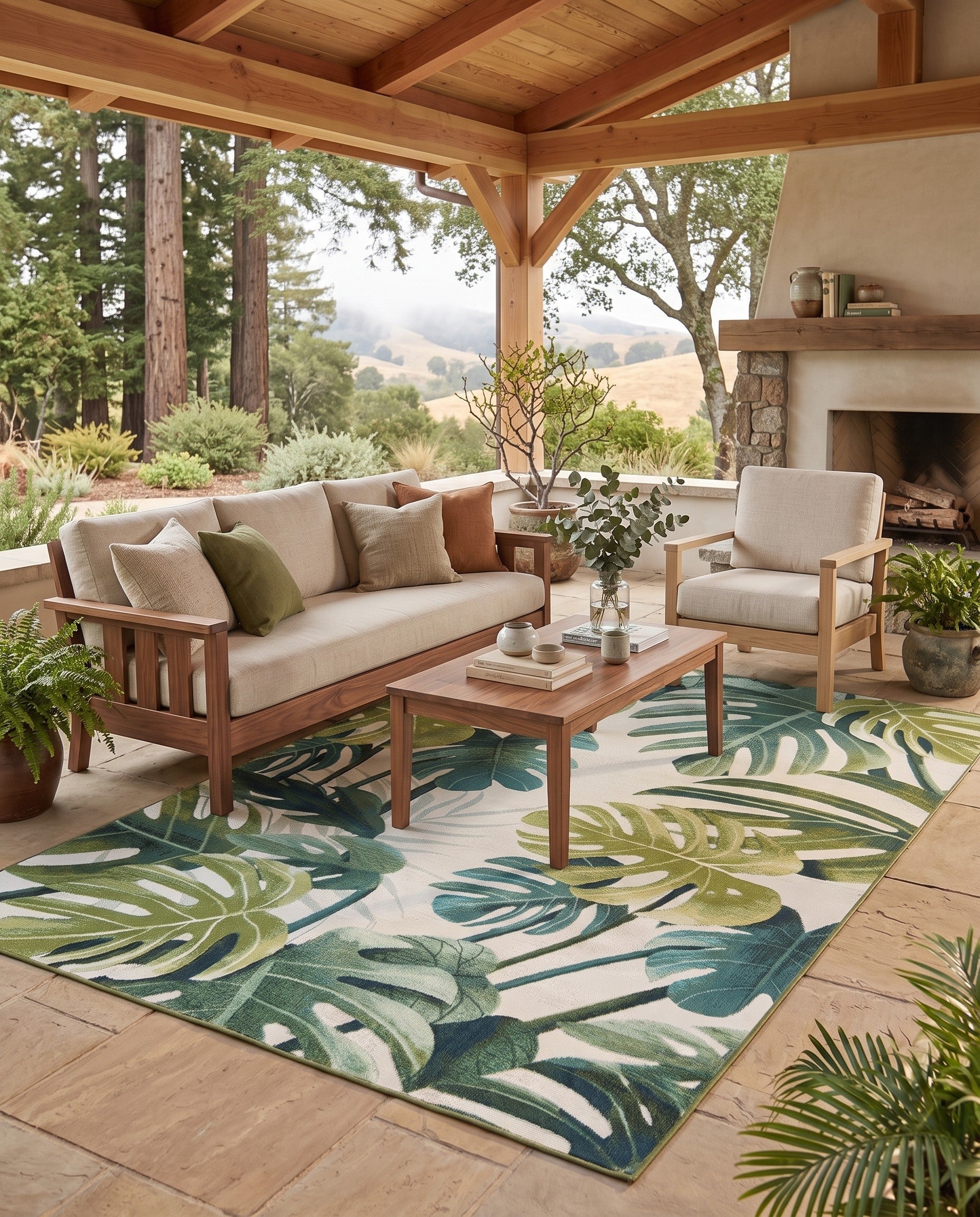Green Easy-Clean Botanical Indoor / Outdoor Rug