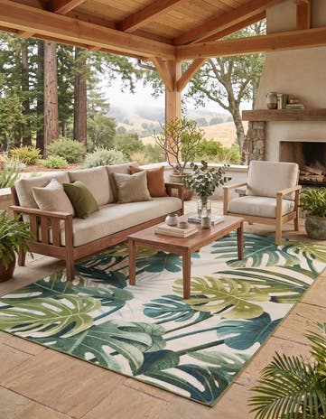 Green Easy-Clean Botanical Indoor / Outdoor Rug