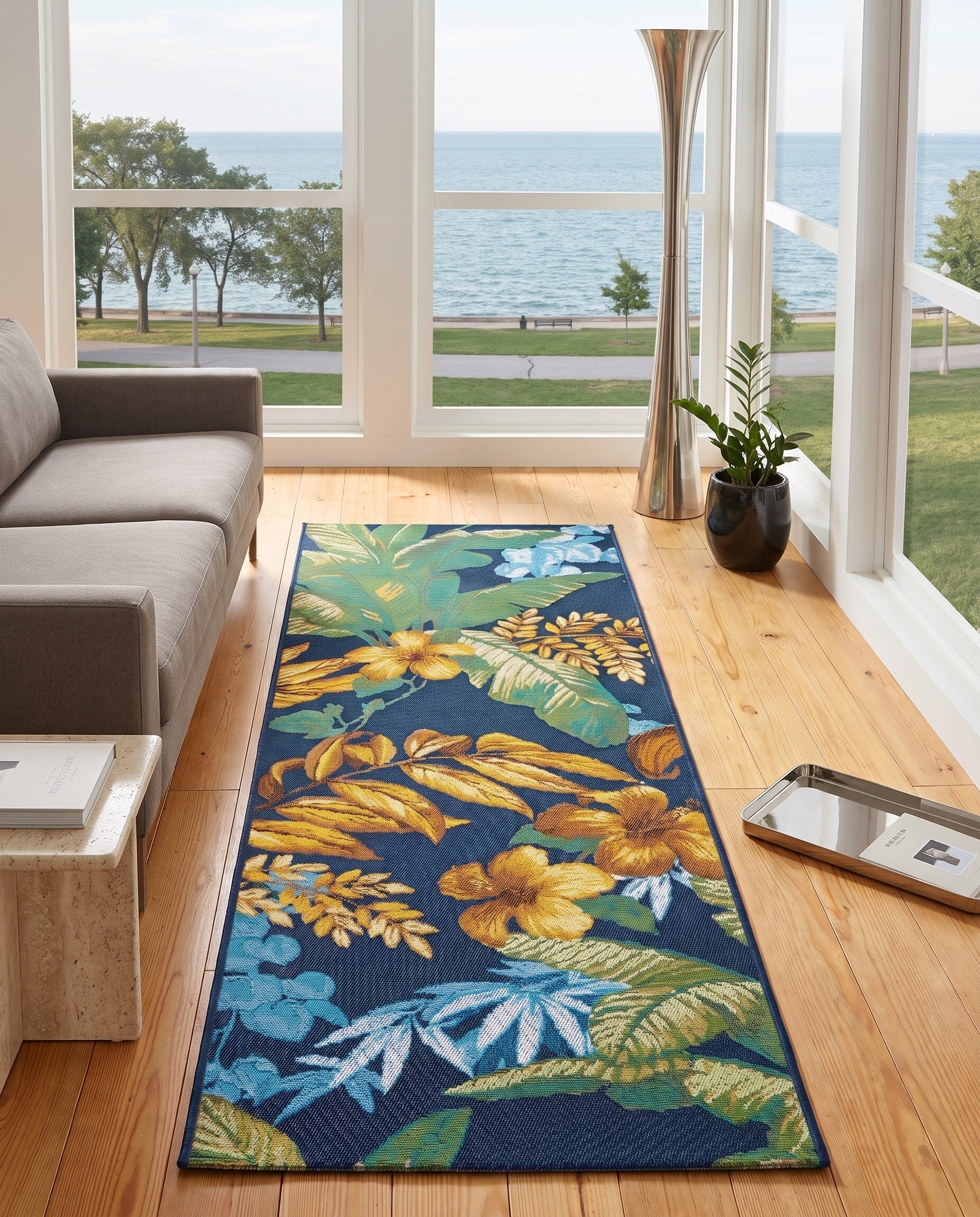 2' x 6' Easy-Clean Adriana Botanical Indoor / Outdoor Runner Rug