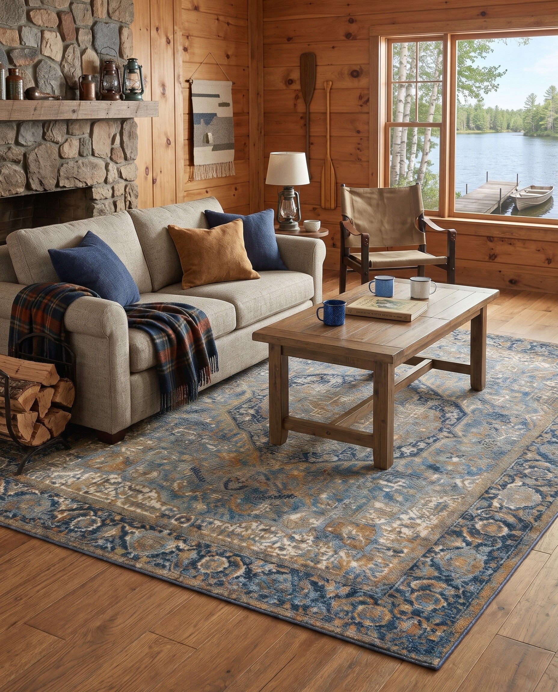 Blue Easy-Clean Hartwell Traditional Indoor / Outdoor Rug