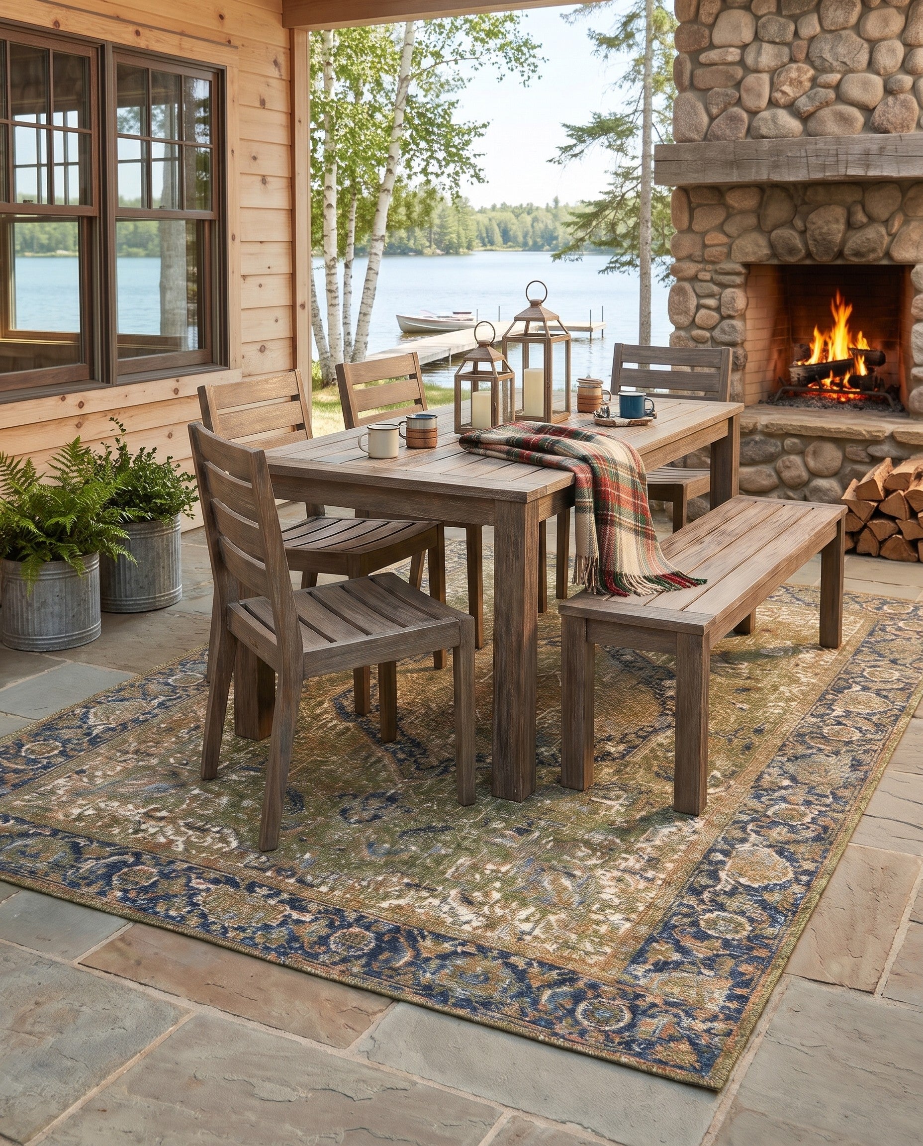 Green Easy-Clean Traditional Indoor / Outdoor Rug