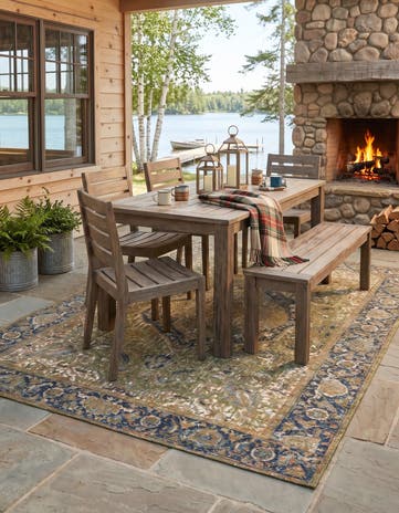 Green Easy-Clean Traditional Indoor / Outdoor Rug