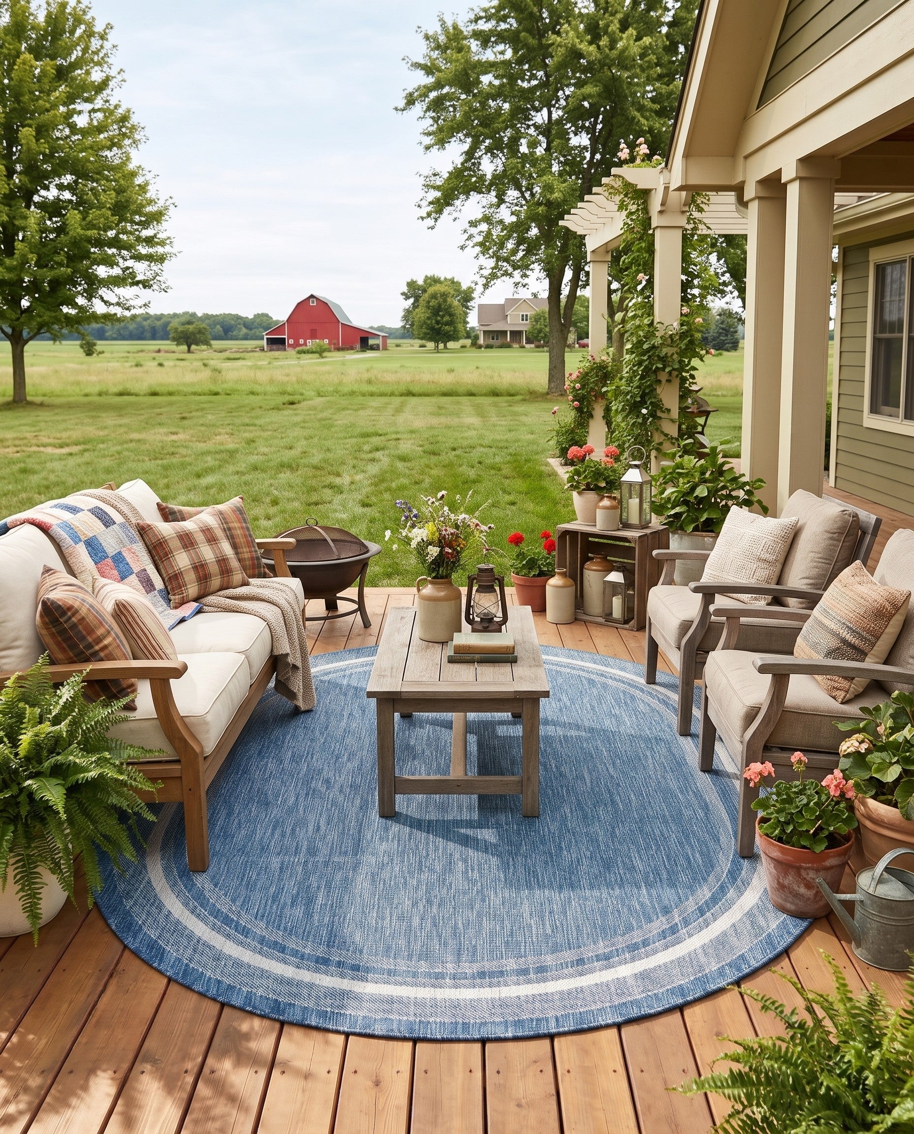Blue Easy-Clean Border Indoor / Outdoor Oval Rug