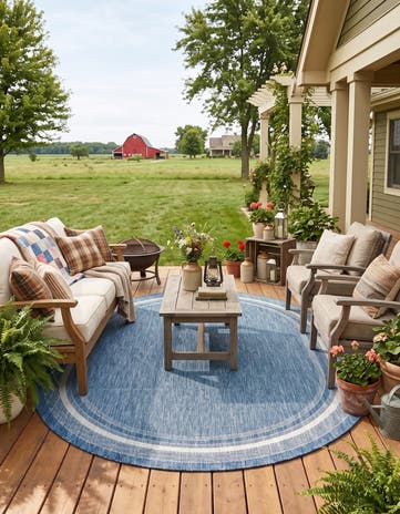 Blue Easy-Clean Border Indoor / Outdoor Oval Rug