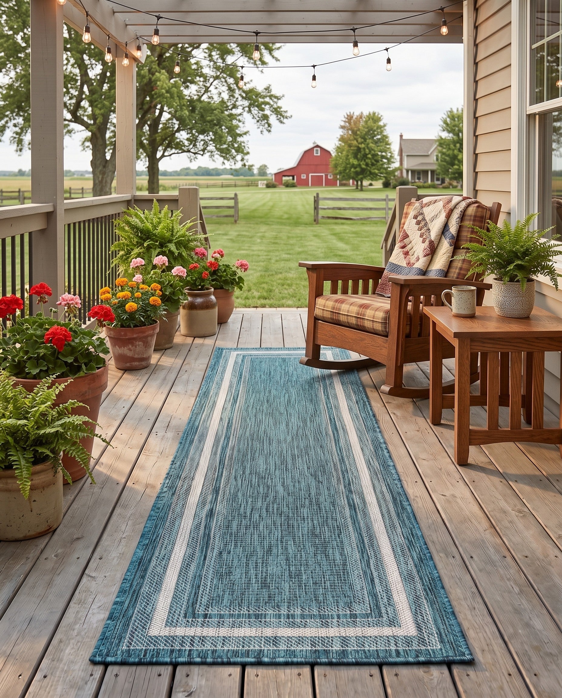 Teal Easy-Clean Border Indoor / Outdoor Runner Rug