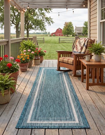 Teal Easy-Clean Border Indoor / Outdoor Runner Rug
