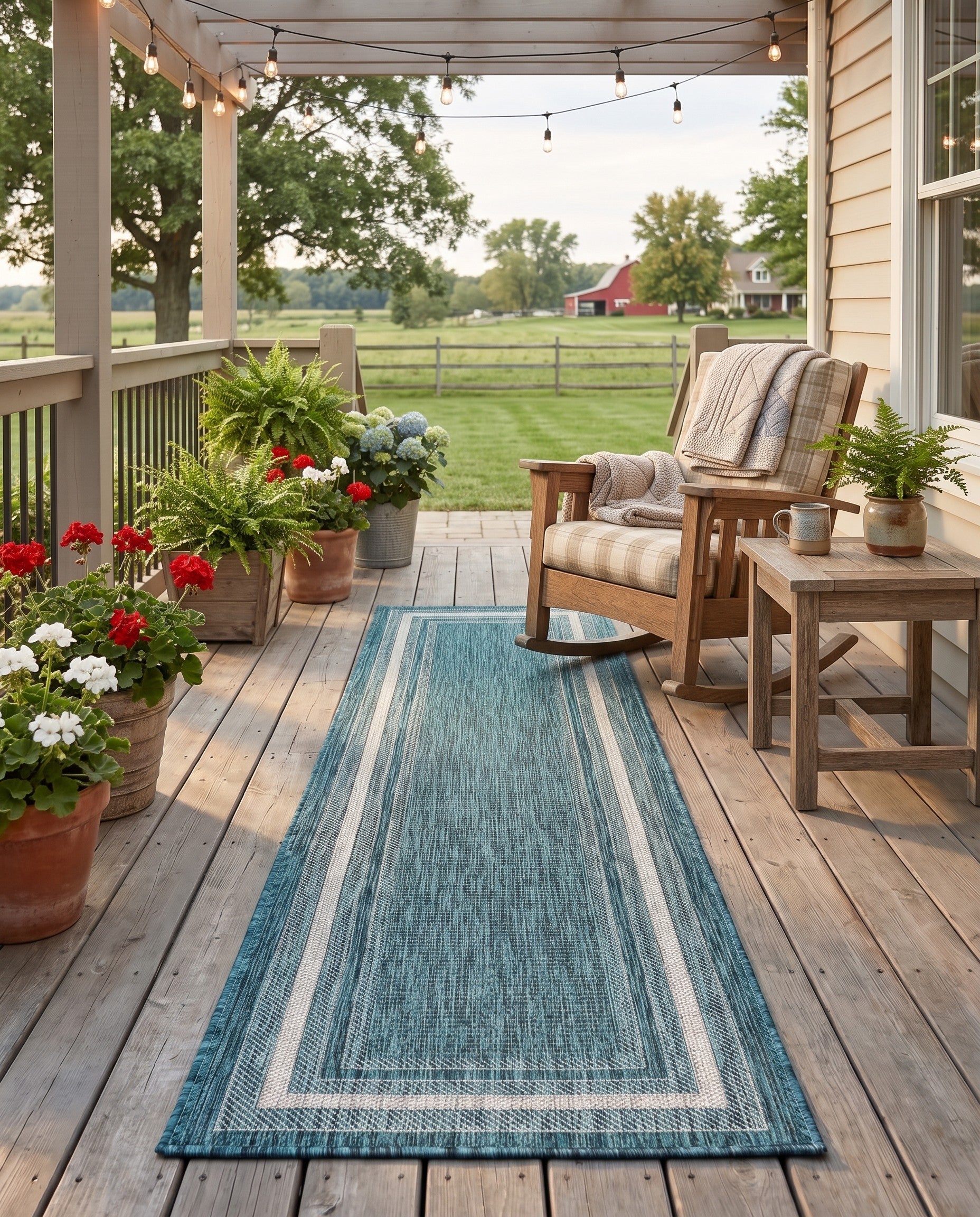 Teal Easy-Clean Border Indoor / Outdoor Runner Rug