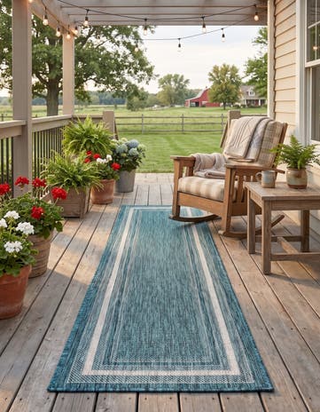 Teal Easy-Clean Border Indoor / Outdoor Runner Rug