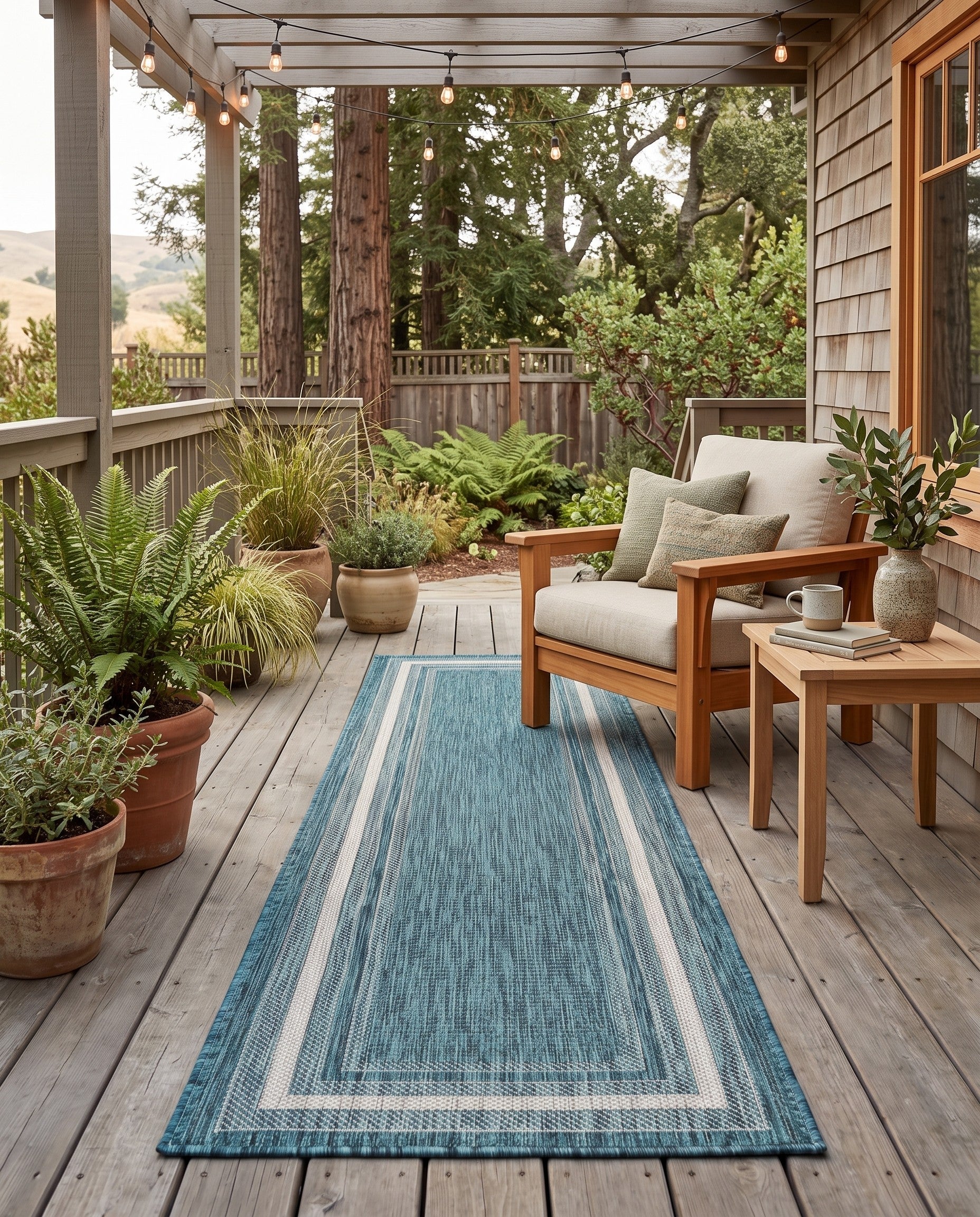 Teal Easy-Clean Border Indoor / Outdoor Runner Rug