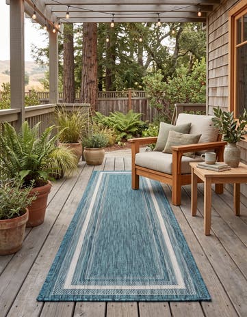 Teal Easy-Clean Border Indoor / Outdoor Runner Rug