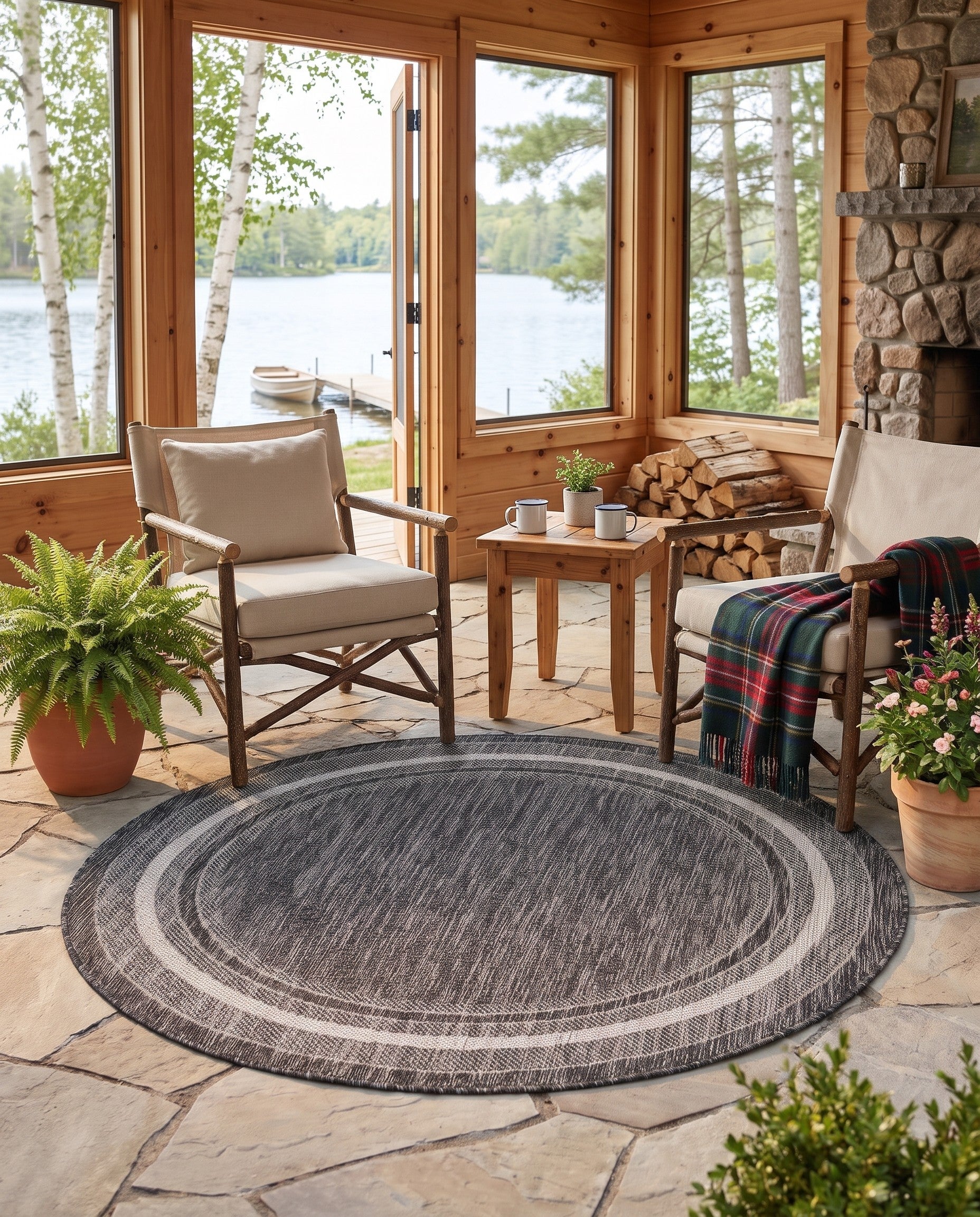 Black Easy-Clean Border Indoor / Outdoor Round Rug
