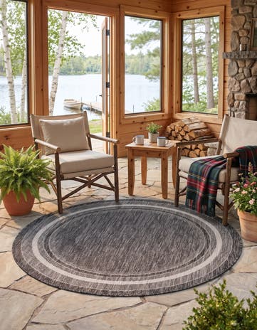 Black Easy-Clean Border Indoor / Outdoor Round Rug