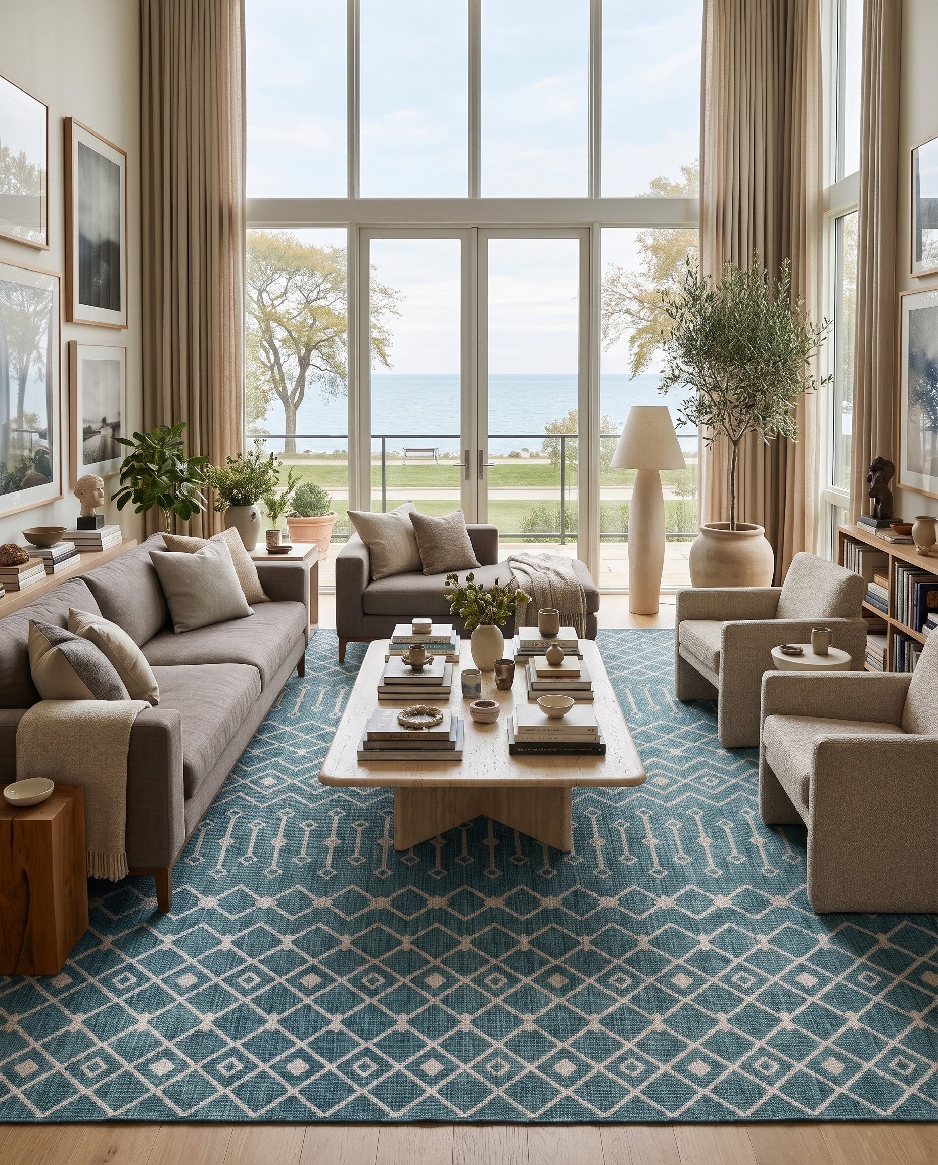 Teal Easy-Clean Lattice Indoor / Outdoor Rug