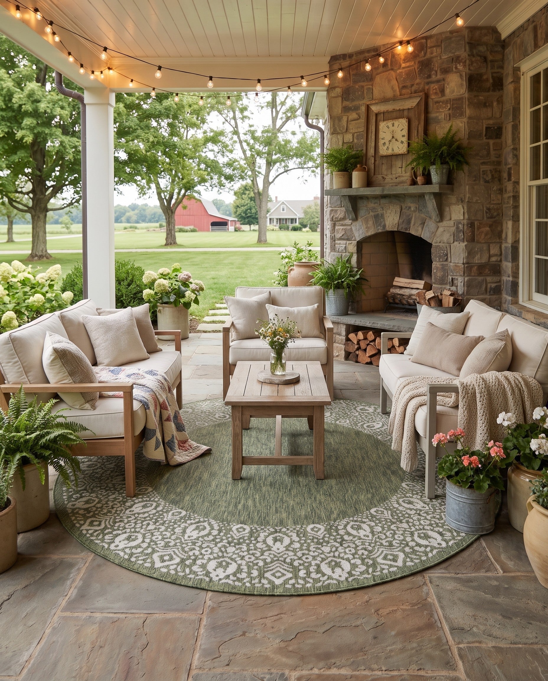 Green Easy-Clean Border Indoor / Outdoor Round Rug
