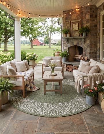 Green Easy-Clean Border Indoor / Outdoor Round Rug