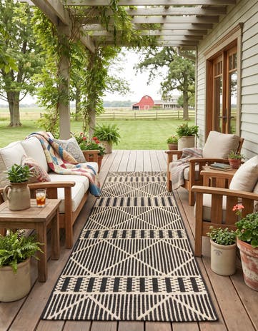 Black Easy-Clean Lattice Indoor / Outdoor Runner Rug