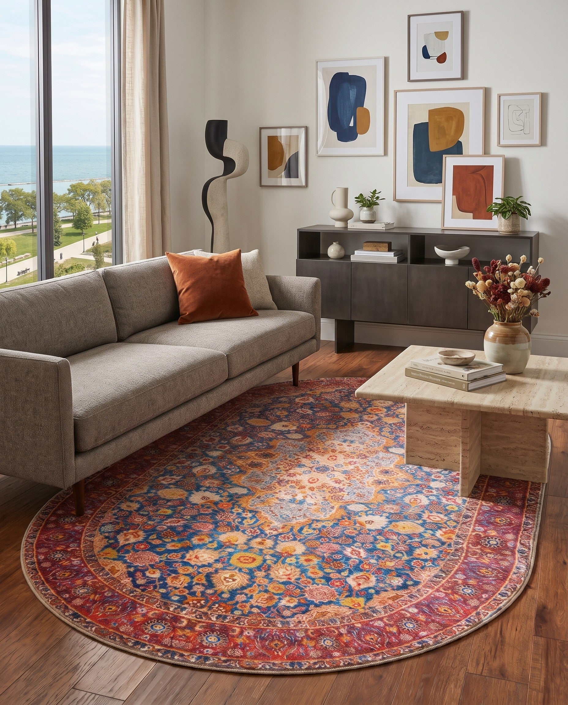 Navy Blue Washable Timeless Oval Rug