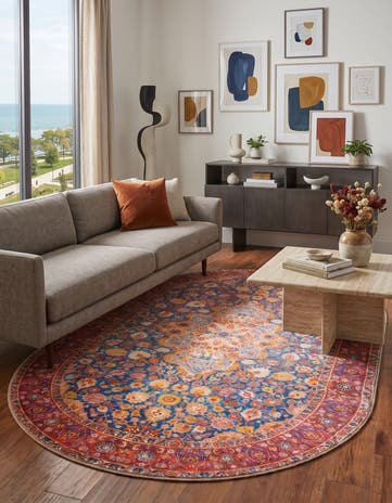 Navy Blue Washable Timeless Oval Rug